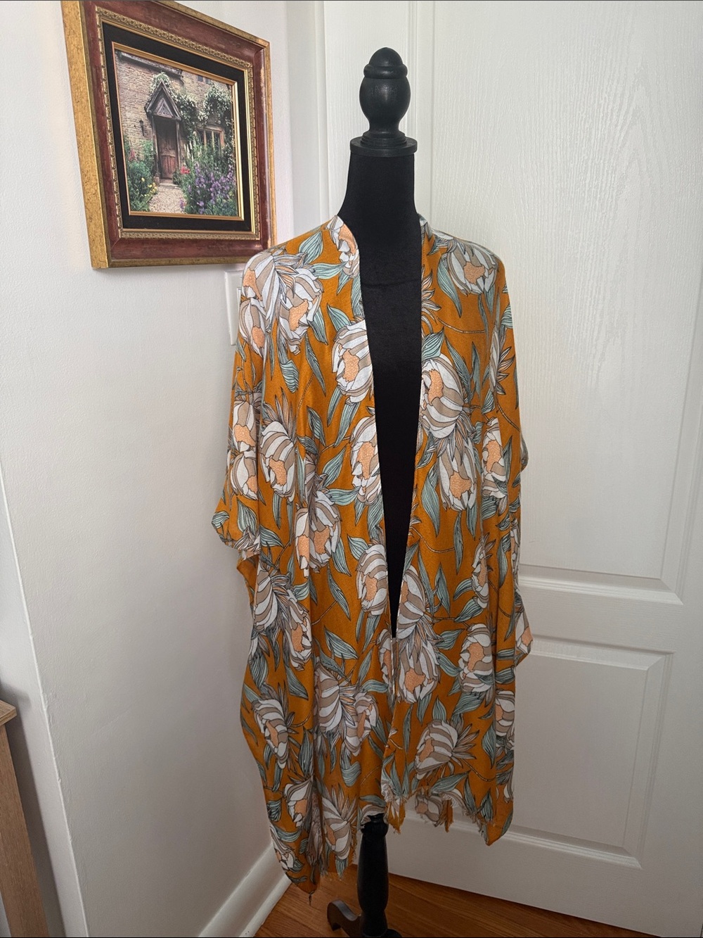 Floral Open-Front Kimono Cape in Mustard Yellow